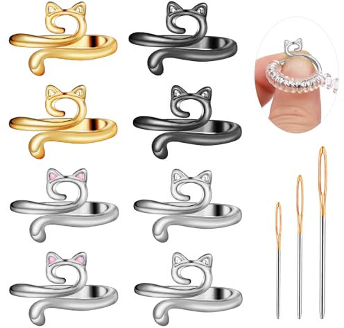 ENCHOL Häkelringe für Finger, verstellbares Stricken, Häkelring-Set mit Ringgrößenversteller und Nähnadel, offene Garnführung aus Metall mit Aufbewahrungsbox für Handweben, 8 Stück