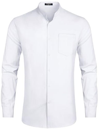 HISDERN Men's White Grandad Collar Shirts, Long Sleeve, Business Formal, Regular Fit, Button Down, Pocket, L