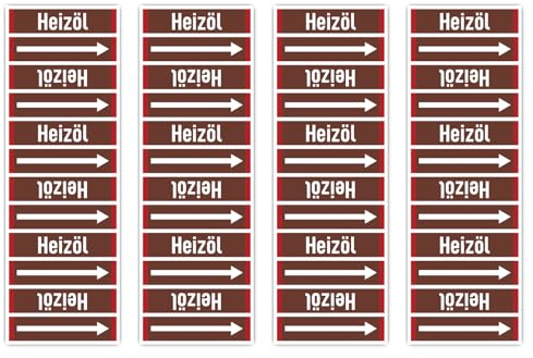 Aufkleber: 225x75 mm, 4 Stück - Gruppe 8 - Brennbare Flüssigkeiten - Banderole - Rohrleitungskennzeichnung - nach DIN 2403 - Sprache: deutsch - Heizöl