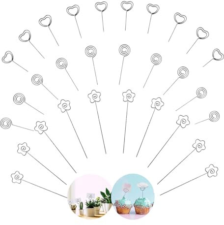 NIYATA 30Pcs Pince Porte Photo,Pince Photo Metal,12CM,Forme de Coeur,Fleur,Rond,Tige Photo Metal,Porte-Carte Photo Métallique pour Mariage,Fête,Cadeau