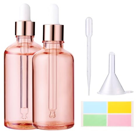 Hyber&Cara Rose Gold Glass Bottle with Glass Pipette, 2 X 100ml Dropper Bottles Refillable for Essential Oil Aromatherapy Blends