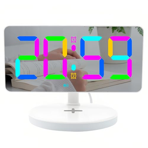 Lancoon Digitaler Wecker mit Drahtloser Aufladung Bunte Zeit RGB Nachtlicht Woche LED Spiegel 5 Stufen Helligkeit Dual Alarm Snooze für Bett Wohnzimmer Büro