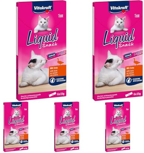 Vitakraft Liquid Snack, Katzensnack flüssig, mit Ente, Katzenleckerlies, mit Beta Glucane, unterstützt die Immunabwehr, kalorienarm (1x 6 Stück) (Packung mit 5)