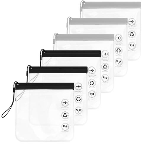 Behiruch 6 Stück Flughafen Zugelassener Kulturbeutel Durchsichtig 20 x 20 cm, 1 Liter Beutel Flugzeug Handgepäck Wasserdichter und Auslaufsicher mit Griff, Flugzeug Reise Gadgets (3 Schwarz 3 Grau)