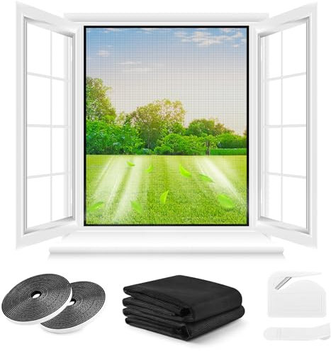 Fliegengitter Fenster ohne Bohren,DIY 130x150cm,2 Stück, Verdicktes Netz,Insektenschutz Fenster mit Klettband+Zuschneider+Presshilfe,Schwarz