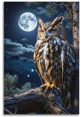 Tierposter Eule in der dunklen Nacht, dekoratives Gemälde, Leinwand-Kunstbild, 50 x 75 cm