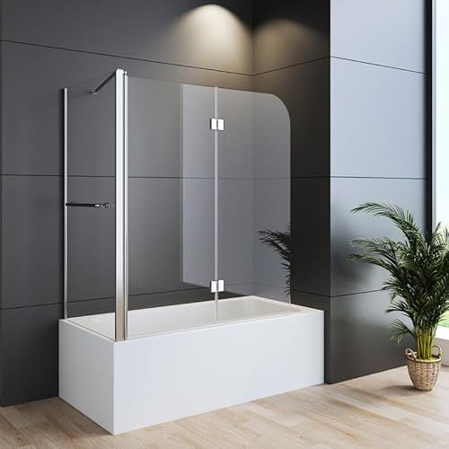 WDWRITTI 70x120x140cm Duschwand für Badewanne mit Seitenwand 3-teilig faltbar, Duschabtrennung Duschtrennwand aus 6mm ESG Sicherheitsglas mit NANO Beschichtung, Glas Badewannenaufsatz