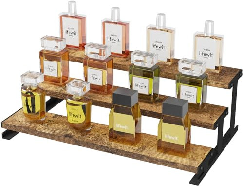 Lifewit 3-Tier Wooden Dispaly Riser, Perfume Stand, Vanity Organiser for Fragrance, Cologne, Cosmetics, Display Shelves for Craft, Spice, Figure, 1 Pcs, Rustic Brown