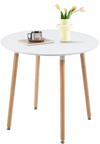H.J WeDoo Esstisch Runder, Küchentisch Klein, Moderner Küchentisch mit Buchen Holzbeinen, Natur/Weiß, 70x70 cm| Einteiliger Desktop
