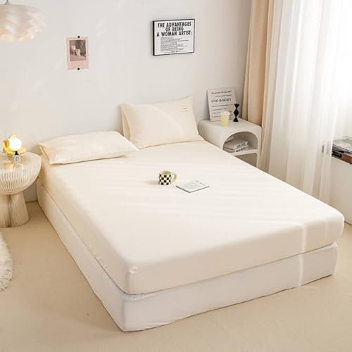 Lirzxin Bettlaken 180x200 cm, Spannbettlaken Chemische Fasern Einfarbig Spannbetttuch Doppelbett Atmungsaktives und Weiches, Beige Weiß