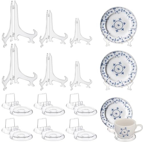 Maxdot 12 Pcs Acrylic Plate Display Stand 3 Size 5/7/9 Inch Clear Teacups and Saucer Display Easel Stand Holder for Weddings Birthdays Home Decoration Tables