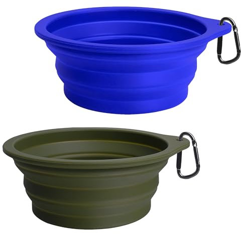 PetBonus Cuencos plegables para perros, 2 unidades, de silicona, para viajes, portátiles, a prueba de fugas, con mosquetón para perros y gatos, para agua y comida (verde militar, azul)