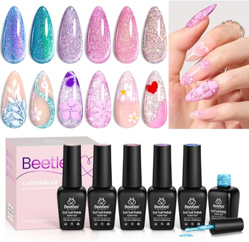 Beetles Glitzer Gel Nagellack, 6 Farben Gel Nail Polish Pink Lila Blau | Nagellack Set Chamäleon Crushed Diamond Nageldesign Zubehör top shine bright Nagelgel DIY-Maniküre