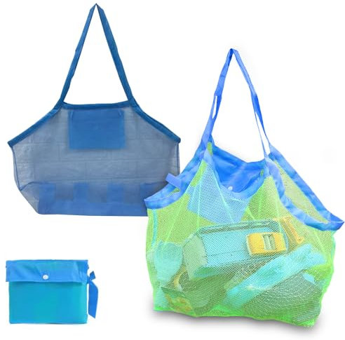 Zamety 2 Stück Sandspielzeug Tasche, Netztasche Sandspielzeug Faltbar, Wiederverwendbare Groß Strandspielzeug Tasche für Familie Strandurlaub Urlaub im Freien