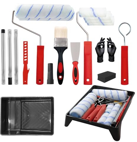 Paint Roller Set - 19Pcs 9” & 4” Roller Sets for Painting with Stainless Steel Extension Pole, Paint Rollers and Trays Sets, Microfiber Covers for Painting Walls, Ceiling, Doors, Trim (Red)