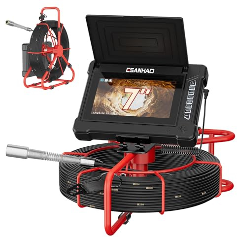 ESANHAO Sewer Camera with 7 IPS Screen, DVR & Audio Recorder, Drain Pipe Inspection Camera with 5MM Cable & Meter Marker, 12 LED Lights HD Waterproof Plumbing Endoscope, 32GB Card (7''-23MM/100FT)