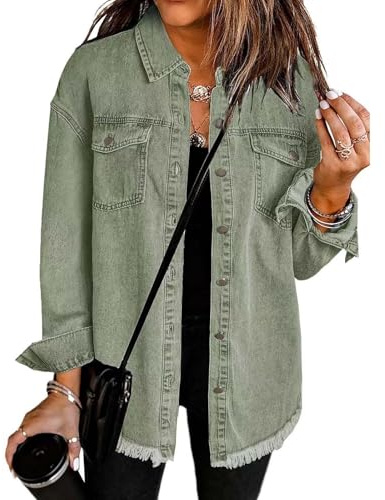 Cocila Denim Jackets Women UK Button Down Windproof Casual Long Frayed Hem Shacket Coats Washed 2025 Jean Solid Color Lightweight Stretch Boyfriend Jean Jacket Gift with Pockets S-XXL
