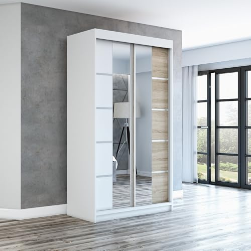 A&J MöbelLand Schwebetürenschrank ERA Kleiderschrank 2-türig mit Spiegel, Garderobe 120 cm (Weiß/Weiß/Sonoma)