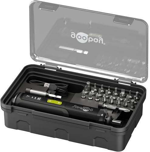 goobay Mini-Akkuschrauber-Set 28 teilig - 24 Bits, 1 Verlängerung, 1 Halterung und 1 Adapter aus Chrom-Vanadium-Stahl - Stabschrauber, 3-stufiges Drehmoment, frontale LED-Beleuchtung - 77816