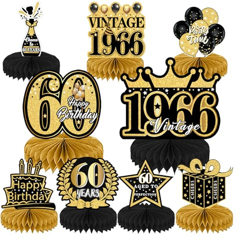 Bienenwaben Tischdeko für 60. Geburtstag, 9-teiliges Set für Geburtstag & Jubiläen, Premium Papier-Dekoration für Geburtstagsfeiern, Tischdekoration Männer/Frauen, Party Deko Zubehör für Geboren 1966