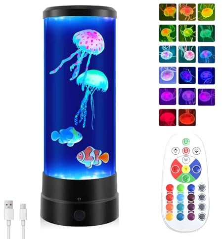 JIMACRO 12 Zoll Quallen Aquarium Lampe, 17 Farben LED Lavalampe Jellyfish Lamp mit 4 Lichtmodi & 3-Helligkeit, USB Quallen Nachtlicht mit Fernbedienung für Zuhause Büro Dekoration Tolle Geschenke