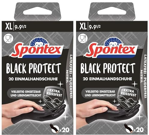 Spontex Black Protect, 20 Einmalhandschuhe aus Nitril, besonders reißfest und strapazierfähig, latexfrei und ungepudert, Größe XL