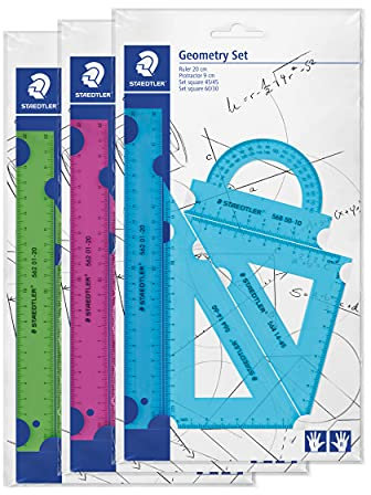 STAEDTLER Geometrieset, 20 cm Lineal, Dreieck 60°/30°, Dreieck 45°/45°, Winkelmesser, 18 Geometriesets (6 x cyan, 6 x magenta, 6 x neon grün) im Thekendisplay, 569 PB4N18