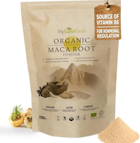 MySuperfoods Organic Maca Root Powder 200g, Grown Above 3,500m in Peru | Source of vitamin B6, which contributes to the regulation of hormonal activity. Naturally malty, milled whole. 40 servings.