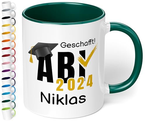 Tasse zum Abitur 2025: „ABI 2025 - Geschafft! Wunschname“ - Kaffeetasse mit Namen personalisiert - Geschenke zum Abitur, Abschlussgeschenk, Geschenk zur bestandenen Prüfung, Dunkelgrün