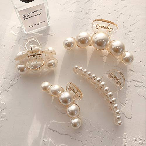 Lot de 4 grandes pinces à cheveux en perles pour femme - Tenue solide - Antidérapantes - Accessoires pour cheveux d'anniversaire, de mariage, de fête des mères - Pour fille - Cheveux épais et fins
