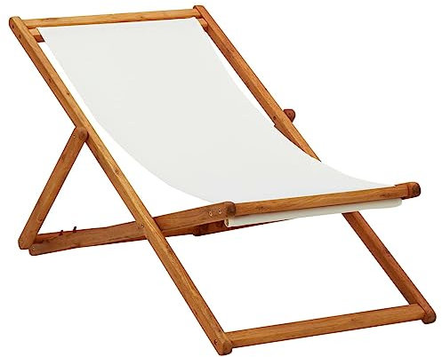 vidaXL Silla de Playa Plegable Asiento Reclinable Piscina Camping Hamaca Tumbona Jardín Patio Balcón Tela Blanco Crema Madera de Eucalipto