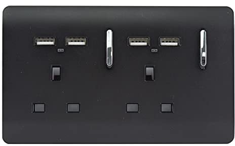 Trendi 2 Gang Artistic Modern Glossy Screwless Raised 13 Amp 240v Short 4 USB Type A Charging Points Double Chrome Switched Electrical Wall Plug Socket Matt Black - ART-SKT213USBMBK