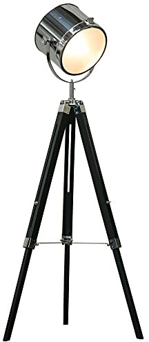 HOMCOM Industrial Style Adjustable Tripod Floor Lamp, Searchlight Lamp with Wooden Legs and Steel Lampshade, 110-155cm, Black