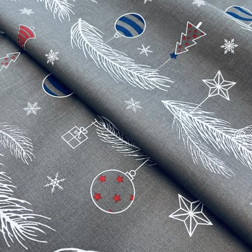 Stoff Meterware Weihnachten Winter Christmas Baumwolle - 1 Meter, Weihnachtsstoff, Weihnachtlich, Schnee, Deko (Tannenzweige Baumschmuck Grau)