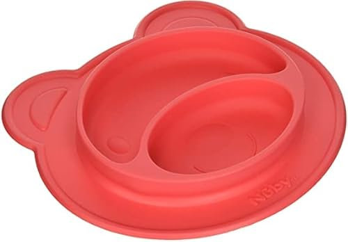 Nuby Sure Grip Non-Slip Silicone Baby Dinner Plate | Super Suction, Unbreakable & BPA Free, | Divided Compartment for Feeding & Weaning Baby, Child, Kids & Toddler | 9 Months+, 370ml, RED BEAR SHAPE