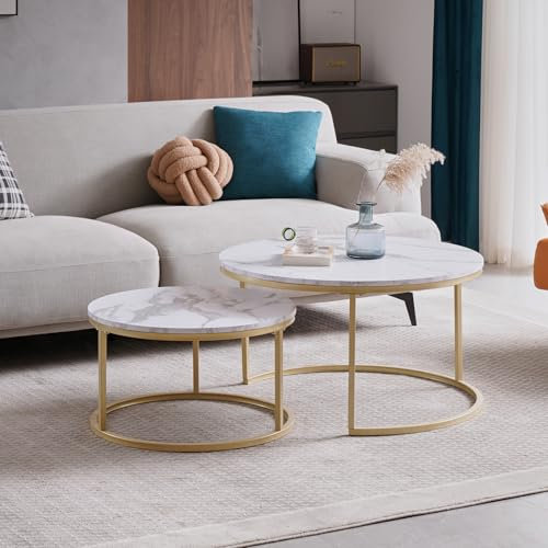 BenyLed Lot de 2 Tables Basses Gigognes (Imitation Marbre), Table de Salon Ronde, Grand: 80 x 80 x 45 cm et Petit : 60 x 60 x 35 cm (Blanc/Or)