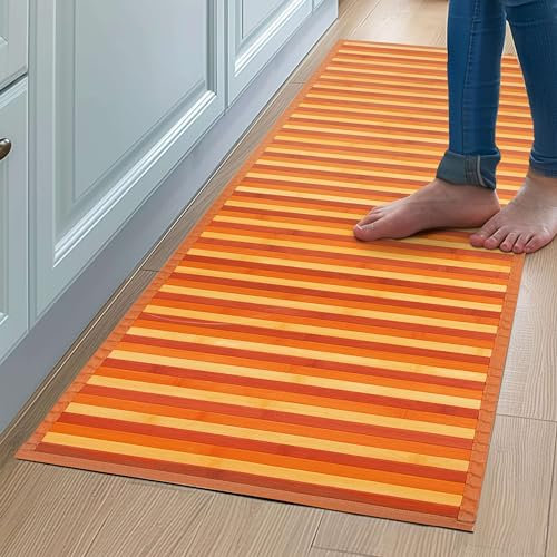 CosìCasa Tapis Cuisine Bambou - 50x100 cm Antidérapant et Résistant à l'eau - Tapis de Bain Bambou en Bois Naturel Durable - Tapis Bambou Salle de Bain Effet Multicolore Facile à Nettoyer - Orange