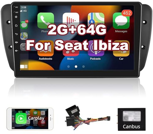 【2+64G】 Hodozzy Carplay Autoradio für Seat Ibiza 2009-2013,9 Zoll Touchcreen Autoradio Bluetooth Freisprecheinrichtung mit Android Auto/GPS/WiFi/FM/RDS/HiFi/USB/SWC+Canbus