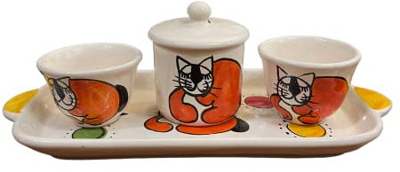 Amarcord Set café 2 tasses avec sucrier en céramique fait et peint à la main avec des dessins de chat rouge