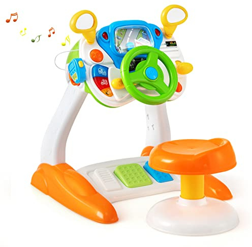 Maxmass Simulation Driving Car Toys, Interactive Toddler Steering Wheel Toy with Stool, Lights & Sounds, Megaphone and Cyclic Rotary Scene, Pretend Play Realistic Driving Station for Boys Girls