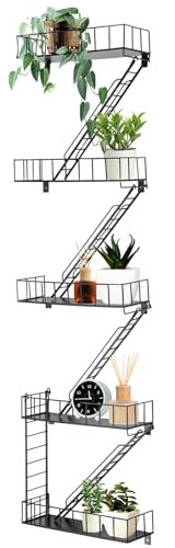 Zonon Fire Escape Wall Shelf Hanging Metal Ladder Decor Cool Bookshelf Wall Organizer Floating Shelves Action Figure Shelf for Home Bedroom Room Display (5 Tier)