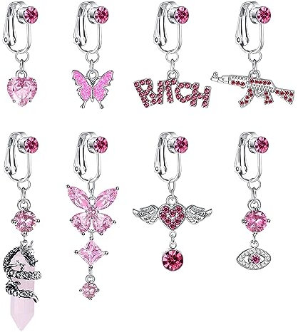 Kakonia 8 Stück Fake Bauchnabelpiercing für Damen Clip On Bauchnabelpiercing Fakes Ring Silber Chirurgenstahl Falsche Schmetterling Herz Faux Piercing Bauchnabel