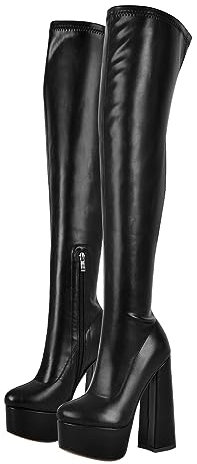 blingqueen Damen Stretch Stiefel Plateau Overknee Boots mit Blockabsatz Lederimitat Schwarz 45 EU