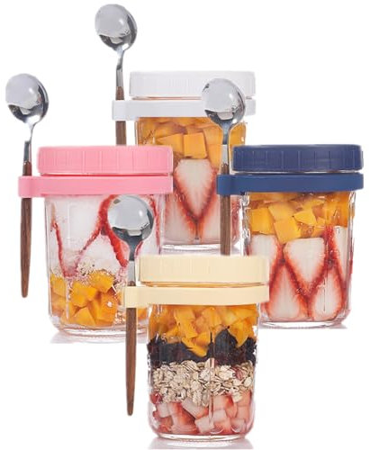 Joy Depot 4 Pack Overnight Oats jars with Lids and Spoons 350ML Reusable Glass Overnight Oats Container with Measurement Marks for Oatmeal, Milk, Cereal, Yogurt, Fruit Salad