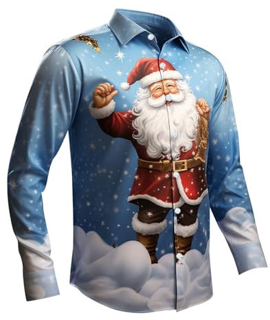 PAIDAXING Men's Christmas Shirts Funny Santa Clus Digital 3D Printed Tops Casual Button Down Lapel Long Sleeve Polo Shirts Graphic Xmas Tshirts Blouse Christmas Outfits for Men UK Light Blue
