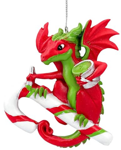 Märchenhafter Weihnachtsbaumschmuck: Drache auf Zuckerstange, 10cm – Rot-Grün, Ruth Thompson Design, Weihnachtskugel Fantasy