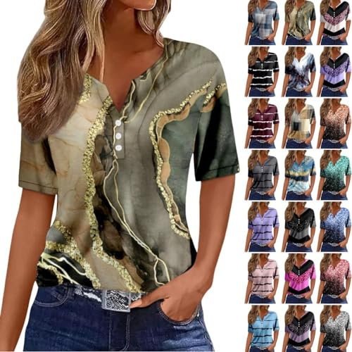 Kanpola Bluse Damen Elegant V-Ausschnitt T-Shirt Mode Bunte Drucken Lose Kurzarm Sommeroberteile Knopfleiste Tunika Tops Frauen Hemdbluse Freizeit Strand Oberteile Sommershirts