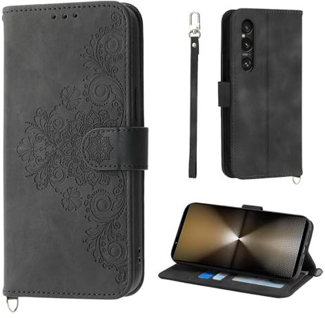 Auslbin Phone Case for Sony Xperia 1 VI 5G 6.5, Protective Cover for Xperia 1 VI 5G With 5 Card Slots Vintage Style Flower PU Leather Case, Black