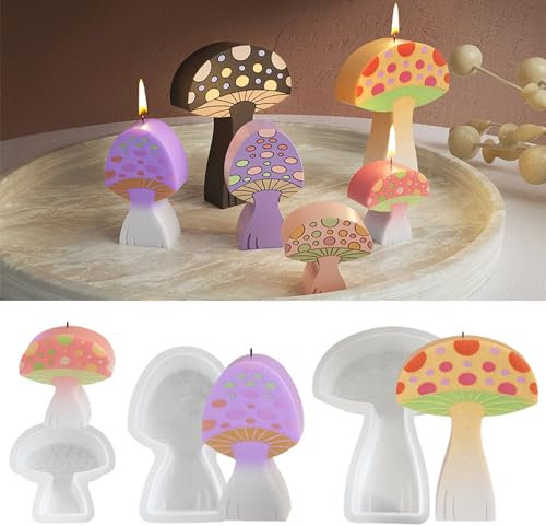 Kunyeah 3 x Pilz-Silikon-Kerzenform, 3D-Pilzform, niedliche Epoxidharz-Gussform, DIY-Silikonform für Bastelarbeiten, Seife, Heimdekoration, handgefertigte Ornamente