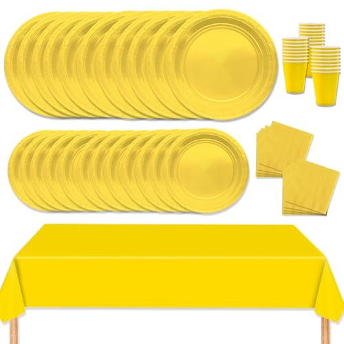 MORAINJAY Juego de vajilla de papel amarillo, 69 unidades, juego de vajilla de fiesta de cumpleaños con mantel, platos de papel, servilletas, vasos, para bodas, Navidad, fiesta de cumpleaños
